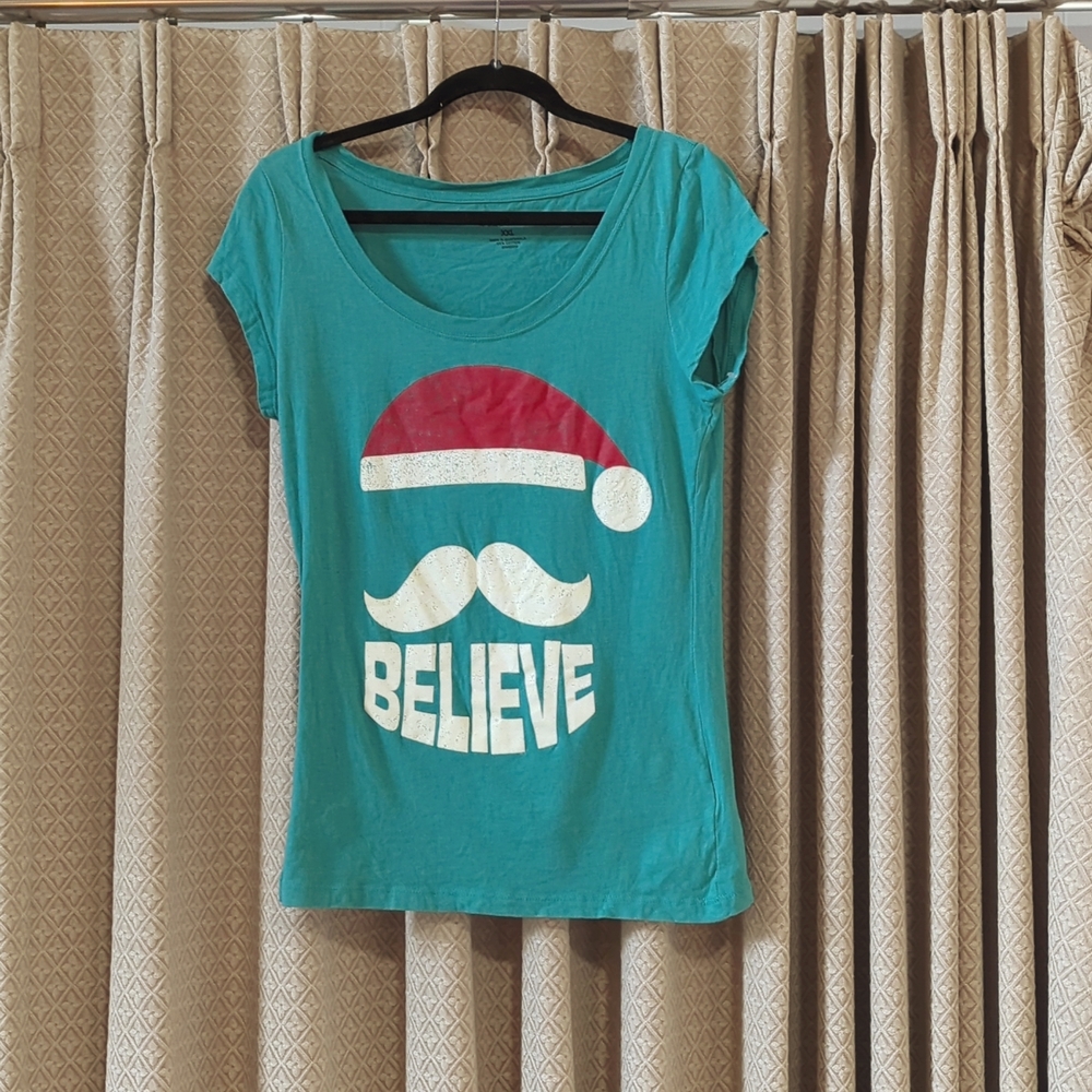 Women's Size XXL Santa/Believe Teal/Green Short Sleeve Graphic Tee